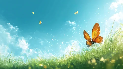 Bright orange butterflies in a sunlit grassy meadow, digital art style.