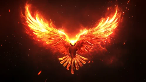 Majestic flaming phoenix in flight, digital fantasy art style.
