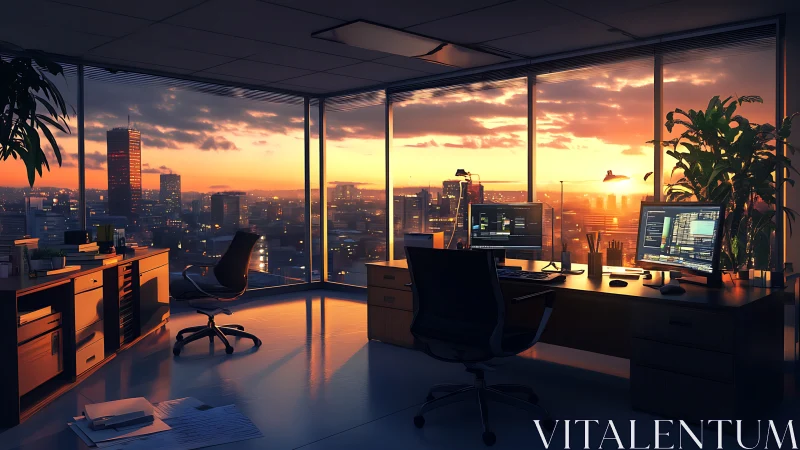 Sunlit high-rise office overlooks dense city at sunset