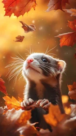 Ferret among bright autumn leaves under warm golden light.