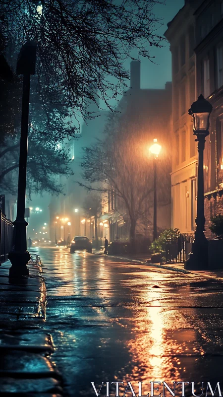 Rainy city street at night with lamplight reflections.