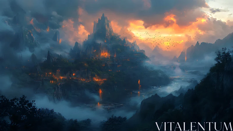 Luminous mountain citadel glows through stormlit dusk