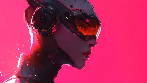 Side profile of futuristic helmeted figure on pink field.