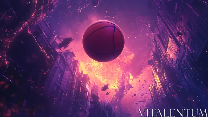 Basketball floats through a neon cosmic city in mid-collapse.