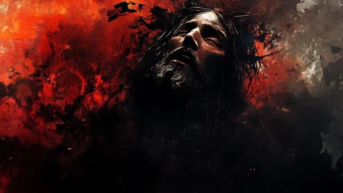 Tormented male face emerging from dark red chaos.