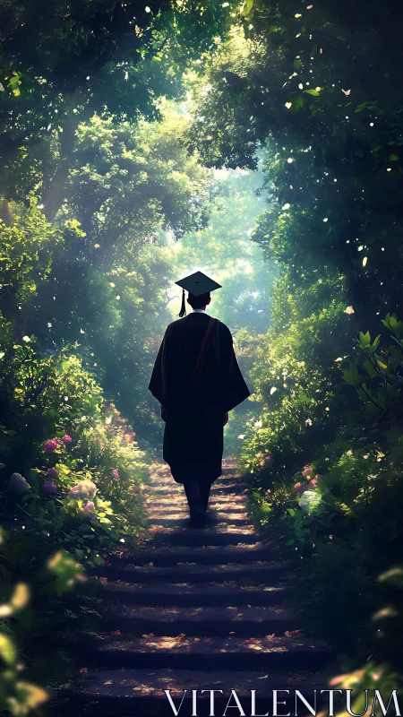 Graduate walks a sunlit forest path toward hopeful horizons