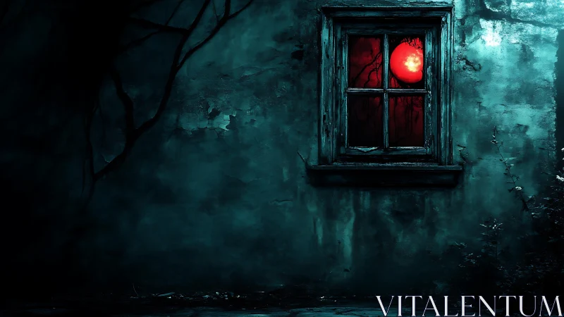 Decayed wall and window frame illuminated by blood-red lunar glow