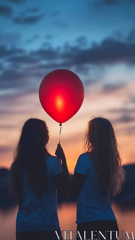 Two figures holding illuminated red balloon against twilight sky