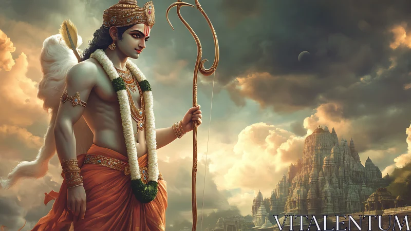 Divine warrior deity strides before a sunlit celestial temple