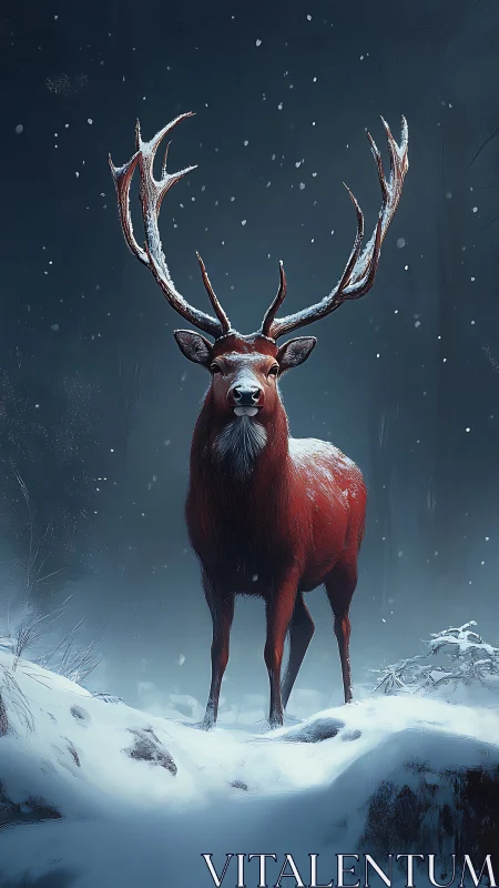 Majestic red stag holds snowy ridge under falling dusk snow.