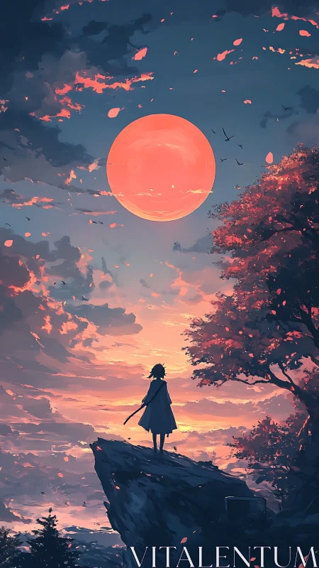 Crimson moonrise over a quiet cliffside dreamscape.