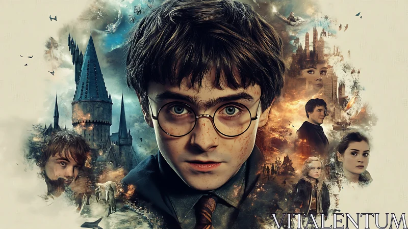 Cinematic fantasy portrait merges hero close-up with arcane skyline