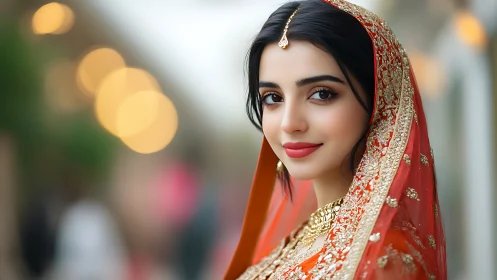 Radiant bride in red sari sharing a soft, welcoming smile.