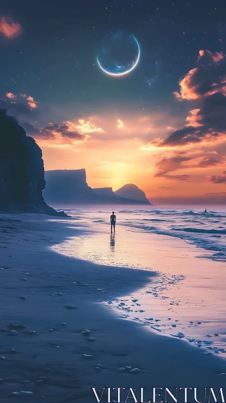 Solitary figure on surreal twilight beach under crescent moon.
