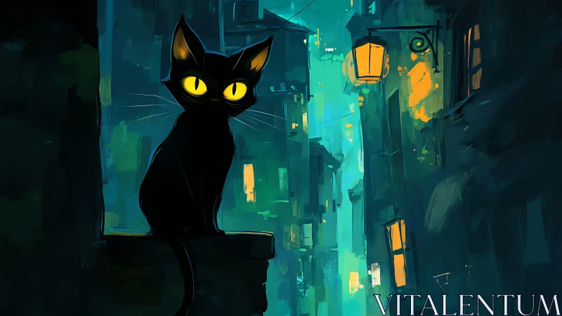 Black Cat with Yellow Eyes in Neon Cyberpunk City Alley
