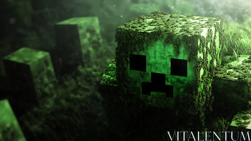 Moss-covered pixelated creature head in green terrain.