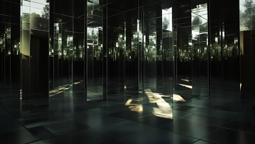 Mirrored forest room where quiet reflections multiply endlessly.