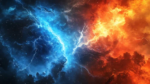 Electric rift divides blue ice nebula and red fire storm