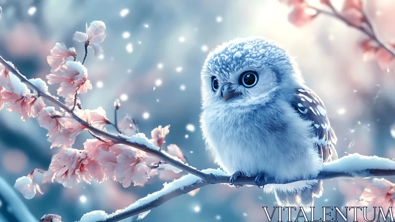 Cute baby owl on snowy branch with cherry blossoms, dreamy style.