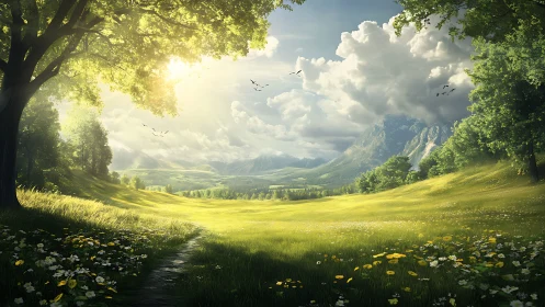 Sunlit valley meadow under trees, clouds, and distant peaks.