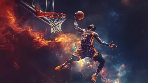 Explosive basketball dunk rendered in cosmic, high-contrast digital art