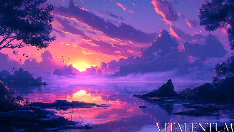 Digital sunset landscape depicts lake under vivid sky