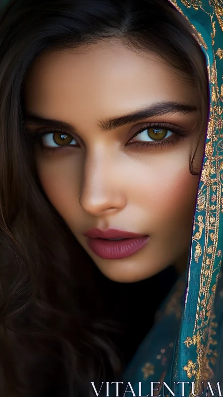 Velvet gaze slips from jeweled teal silk and quiet shadows