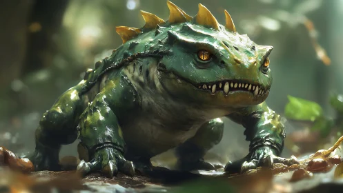 Forest lizard beast prowls softly with glowing golden eyes