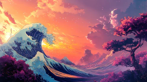 Sunset wave collides with autumn shore in stylized seascape