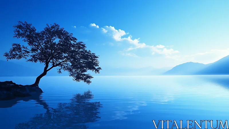 Solitary lakeside tree dreaming over endless blue horizon.