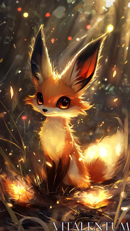 Luminous fox spirit sits in glowing forest clearing at dusk