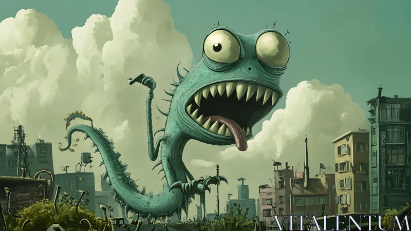 Bug-eyed rooftop lizard kaiju yawns across a teal skyline.