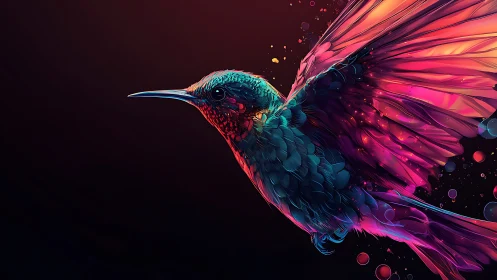 Neon hummingbird ignites the dark with prismatic wings.