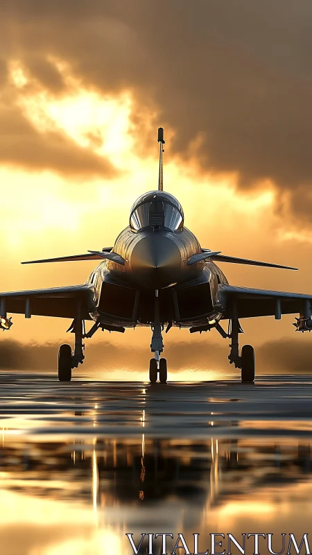 Modern jet fighter front view in reflective sunset runway scene.