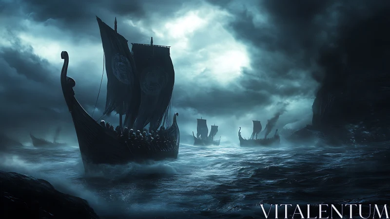 Viking longships cutting storm-tossed moonlit sea.