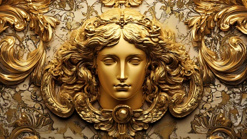 Golden goddess portrait framed in ornate flowing details.