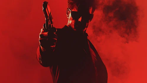 Silhouetted armed figure in red smoke with forward handgun aim.