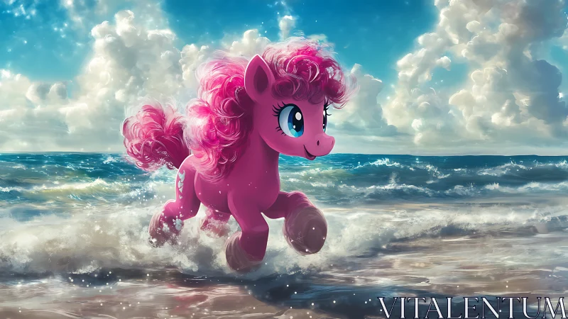 Pink cartoon pony sprinting through bright ocean surf.