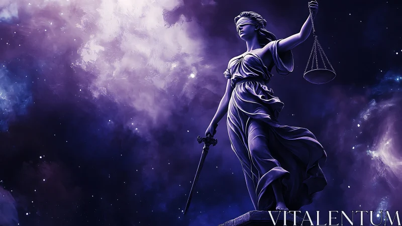 Blindfolded justice statue holds scales under cosmic sky.