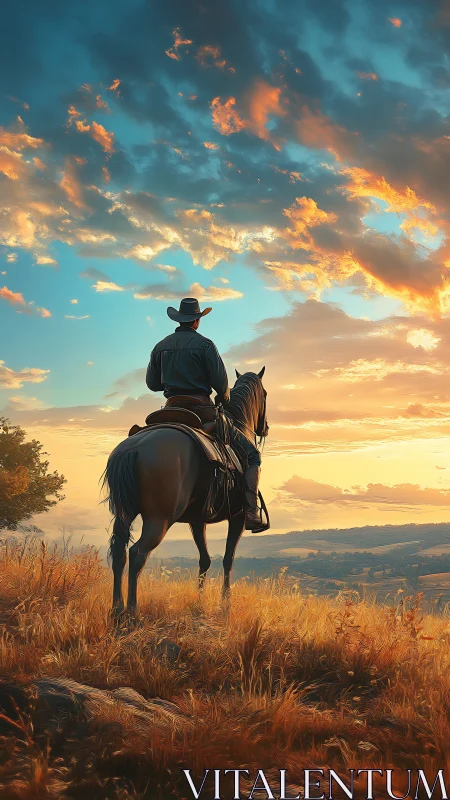 Solitary cowboy on horseback surveys glowing sunset valley