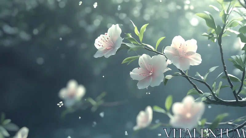 Luminous Cherry Blossoms on Misty Branch.