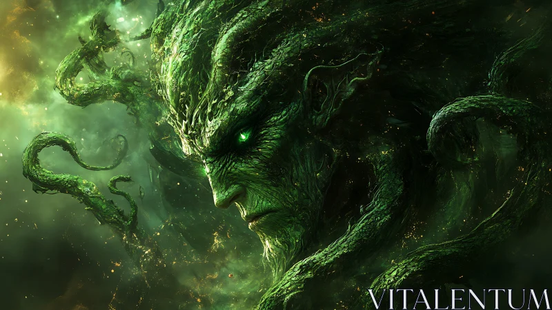 Ancient forest guardian drifting through a cosmic green dream.