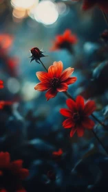 Red Dahlias Against Teal: Macro Bokeh Florals.