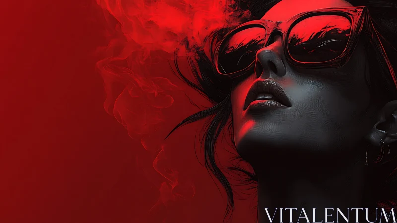 Neon red portrait of reflective sunglasses and rising smoke