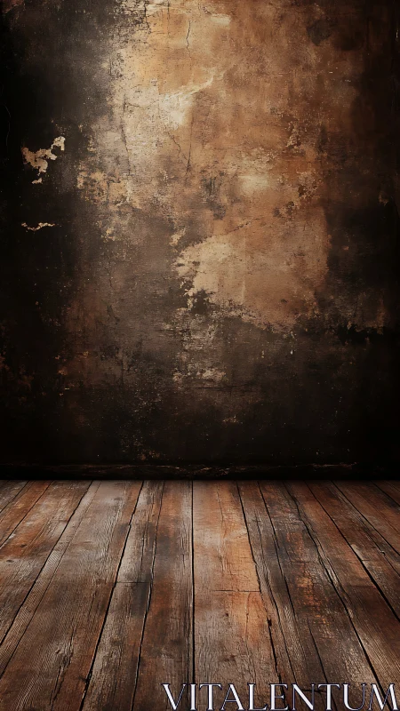 Weathered wood floor and distressed brown wall backdrop.