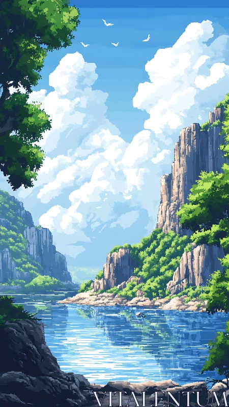 Canyon landscape with river, columnar rock formations, vegetation.