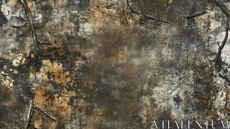 Textured earthen wall with cracked pigment and dry branches.