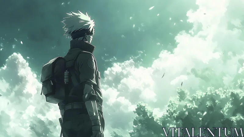 Quiet anime wanderer under soft emerald skies pausing gently.