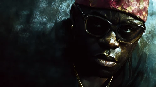 Digital portrait of man in glasses and cap under low light.