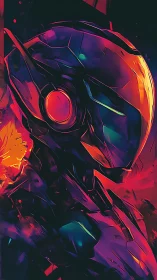 Futuristic armored helmet renders in vibrant neon lighting